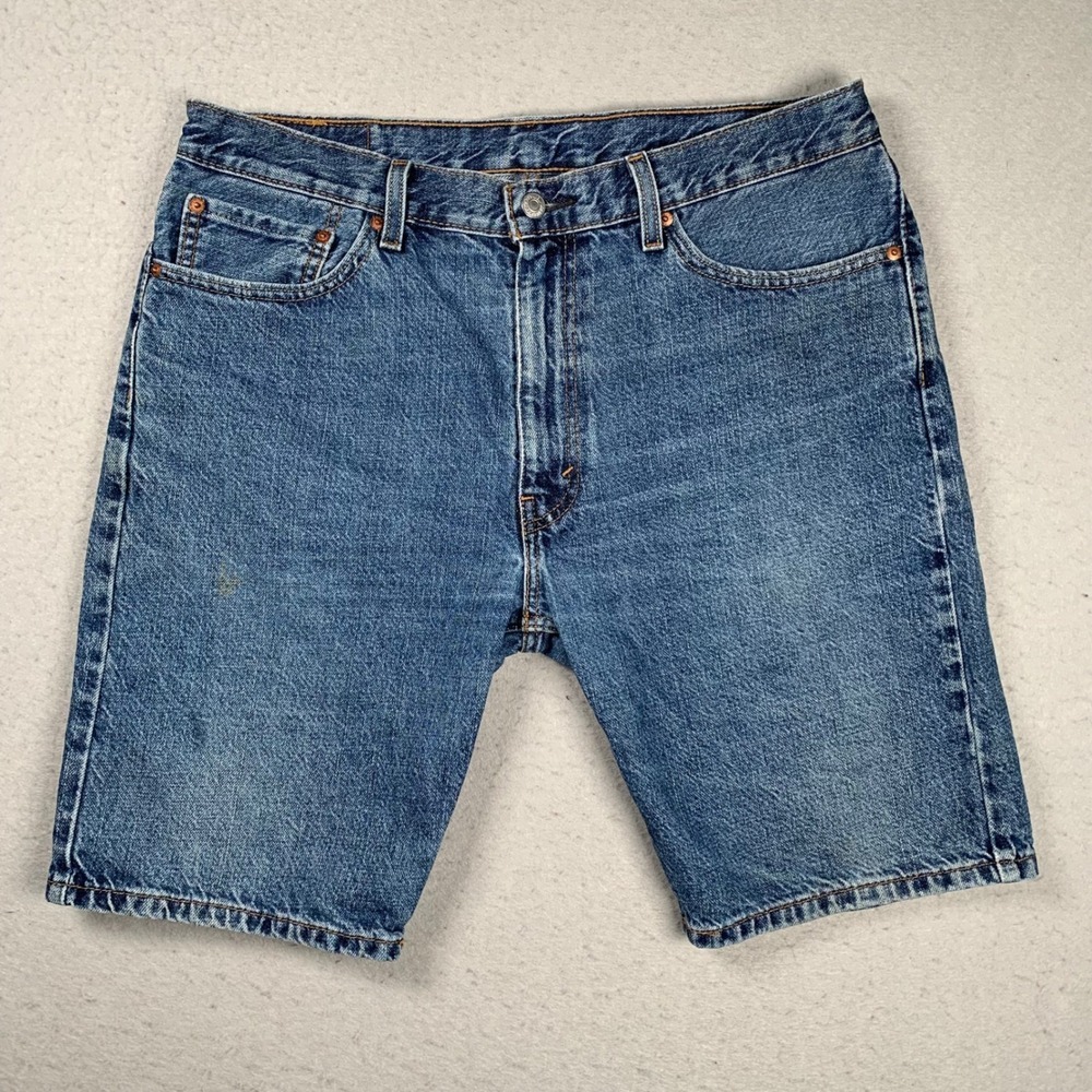 Levis 505 Jean Shorts Mens 36 Blue Denim Regular Fit Mid Wash Jorts Summer